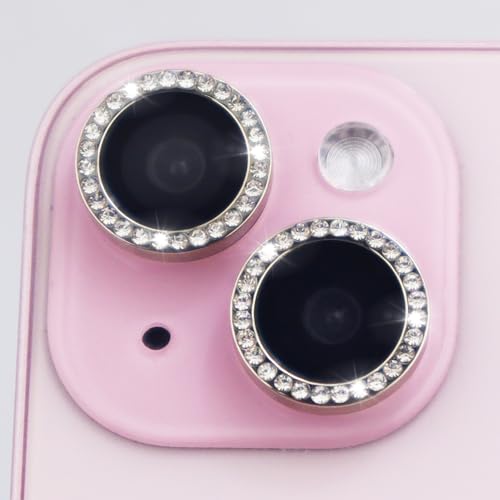 Camera Lens Protector for iPhone 15/15 Plus/14/14 Plus Bling Diamond Metal Ring Rhinestone Tempered Glass Lens Cover Accessories (Silver) - color: Silver