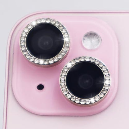 Camera Lens Protector for iPhone 15/15 Plus/14/14 Plus Bling Diamond Metal Ring Rhinestone Tempered Glass Lens Cover Accessories (Silver) - color: Silver