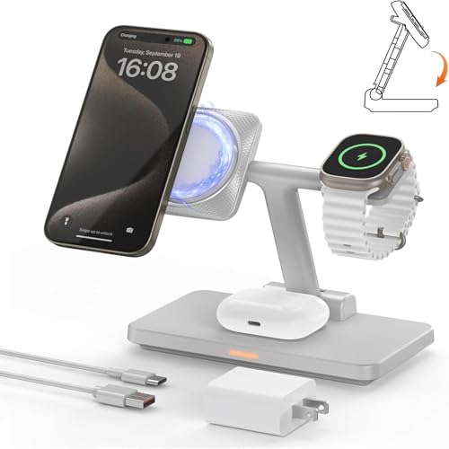 Magnetic 3 in 1 Wireless Station Foldable: JoyGeek MagSafe Charging Stand for iPhone 17 Air 16 Pro 15 Max, Apple Watch SE 2, AirPods Pro 3 (Gray) - color: Silver