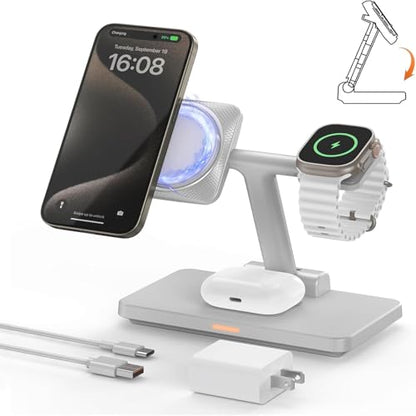 Magnetic 3 in 1 Wireless Station Foldable: JoyGeek MagSafe Charging Stand for iPhone 17 Air 16 Pro 15 Max, Apple Watch SE 2, AirPods Pro 3 (Gray) - color: Silver