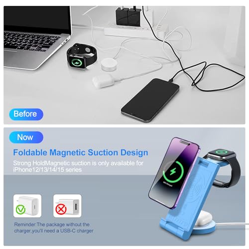 2024 Upgrated Wireless Charger: 3 in 1 Charger Stand Multiple Devices for Apple - iPhone 16 15 14 Pro Max 13 12 11 - Watch 10 9 8 7 6 5 4 3 2 SE and Ultra Series - Airpods 4 3 2 Pro - color: Blue