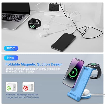 2024 Upgrated Wireless Charger: 3 in 1 Charger Stand Multiple Devices for Apple - iPhone 16 15 14 Pro Max 13 12 11 - Watch 10 9 8 7 6 5 4 3 2 SE and Ultra Series - Airpods 4 3 2 Pro - color: Blue