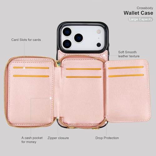 Bocasal Crossbody Wallet Case Card Holder for iPhone 17 Pro Max Rose Gold | RFID Blocking PU Leather Zipper Handbag Purse, Kickstand Flip Folio Case with Card Slots Holder Wrist Strap Lanyard 6.9 Inch - color: Rose Gold