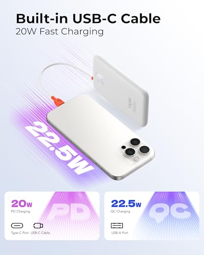 VIYISI 0.58” Slim Portable Charger Small 10000mAh with Built-in USB C Cable - color: White