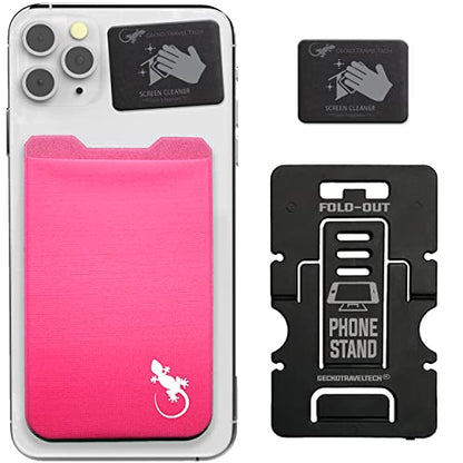 Phone Wallet - Adhesive Card Holder - Cell Phone Pouch - Stick on Lycra Pocket by Gecko - Carry Credit Cards and Cash - color: PINK WHITE
