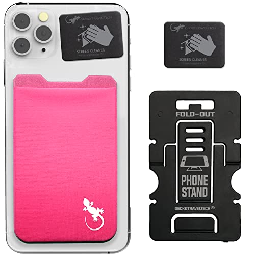 Phone Wallet - Adhesive Card Holder - Cell Phone Pouch - Stick on Lycra Pocket by Gecko - Carry Credit Cards and Cash - color: PINK WHITE