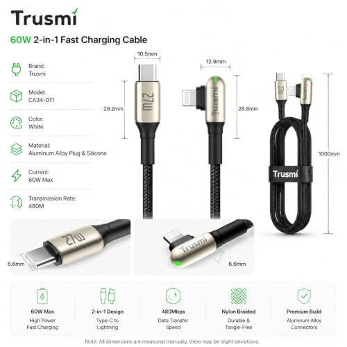 Trusmi 3.3 ft USB C to Lightning Cable Fast Charging, 90° Right Angle LED Braided iPhone Charger Cord, Zinc Alloy Durable Data Sync Cable for iPhone, iPad