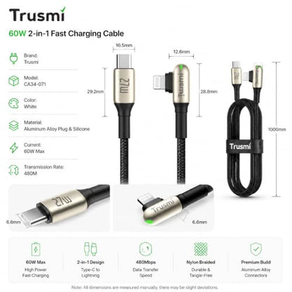 Trusmi 3.3 ft USB C to Lightning Cable Fast Charging, 90° Right Angle LED Braided iPhone Charger Cord, Zinc Alloy Durable Data Sync Cable for iPhone, iPad