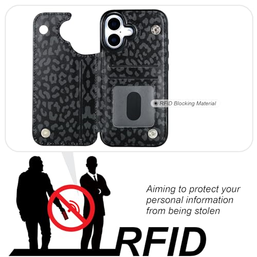HAOPINSH Wallet Case with Card Holder for Phone 17, Black Leopard Cheetah Pattern Back Flip Folio PU Leather Kickstand Card Slots Case, Double Magnetic Clasp Shockproof 6.3" - color: Black Leopard