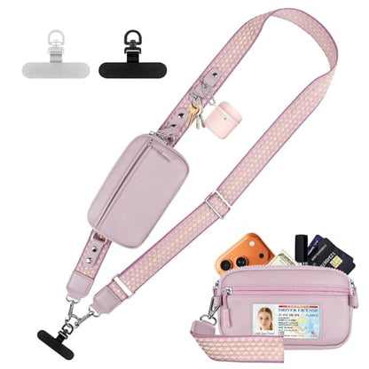 YFWE Clip and Go Phone Strap with Crossbody Wallet, Adjustable Phone Lanyard with Detachable RFID Wristlet Wallet, Anti-Theft Leather Purse with ID Window for Travel Essentials (Purple) - color: Purple