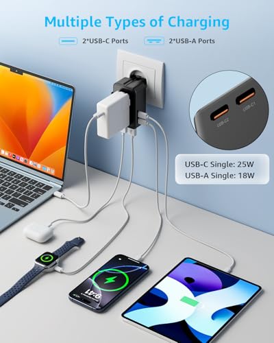 “Air” Universal Travel Adapter 2 USB-C＆ 2 USB-A Cover 200+ Countries - color: Black, size: A1R PD25W