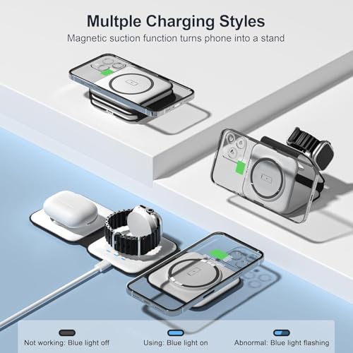 3 in 1 Charging Station for Multple Devices,Foldable 3 in 1 Wireless Charger for Travel,Nano Wireless Charging Station for iPhone16 15 14 13 12 Pro Max/Watch 10 9 8 7 6 5 4 3 Ultra/AirPod Pro - color: moon white