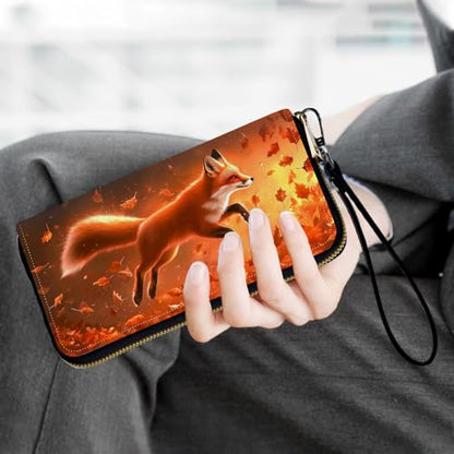 Ladies Wallet,Clutch Purses for Women Wallets Leather Credit Card Holder for Women Wristlet Slim Small Cute with Zipper,Thin RFID Blocking with Wrist Strap,Cute Fox Leaf - color: Cute Fox Leaf