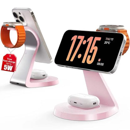 3 in 1 Charging Station for Apple Devices, Mag-Safe Charger Stand Fast Charging, Wireless Charger for iPhone 16/15/14/13/12 Series, & AirPods, & iWatch (USB-C Charger Included) - color: Pink