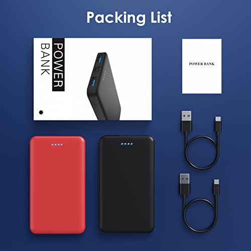 [2 Pack] Portable Charger Power Bank 10000mAh,Ultra Slim Compact External Battery Pack with USB C Input & Dual USB Outputs Backup Charger Compatible with iPhone 13,12, Samsung S20,Tablet-Black+Red - color: Black+Red