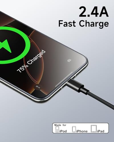 USB A to Lightning Cable 6FT 2Pack,[Apple MFi Certified] Long iPhone Charger Lightning Cable Cord Nylon Braided Black Fast Charging Cord for iPhone 14/13/12/11 Pro Max/X/8/7/6/SE,iPad Pro/Mini,AirPods