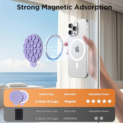 Magnetic Suction Cup Phone Mount with MagSafe, Silicone Hands-Free Grip Holder for iPhone Case and Android, Mirror Shower Phone Stand for Makeup FaceTime Gym Kitchen Bathroom, Lilac Purple - color: Lilac Purple