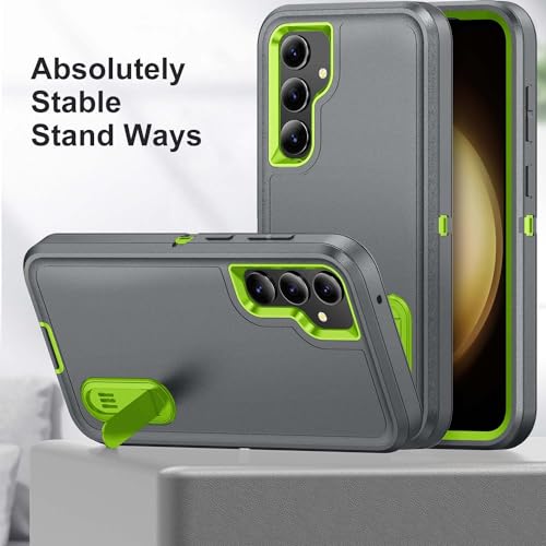 for Samsung Galaxy S23 FE Case with Kickstand Case 3-Layer Military Grade Protective Case Cover Silicone Heavy Duty Rugged Shockproof for Galaxy S23 FE Phone Case (Gray+Green) - color: Gray+Green