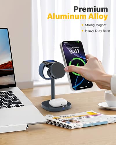 3 in 1 Wireless Charging Station for Apple MagSafe Charger Stand,15W Fast Phone and Watch Charger with TEC Cooling, Magnetic Wireless Charger for iPhone17 16 15 14 13, Apple Watch, AirPods, Gray