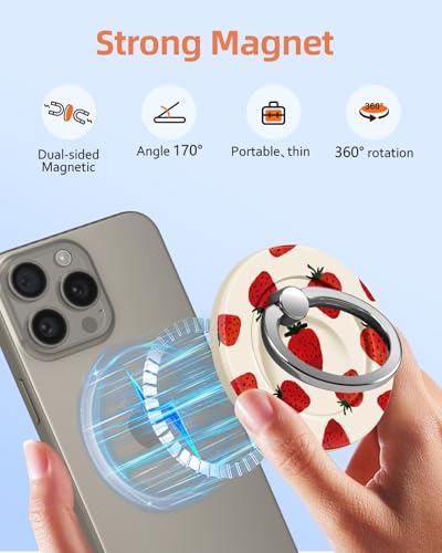 Toycamp Magnetic Phone Grip - Compatible with MagSafe Phone Grip Ring Stand for iPhone 17/16/15/14/13/12 Series Watercolor Strawberry Cute Phone Ring Holder Grip for Women Girls Girly - color: Strawberry