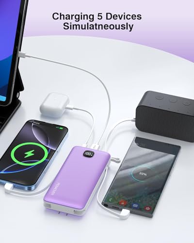 penaover Portable Charger with Built-in Cables&AC Wall Plug,5 Output 2 Input 20000mAh Power Bank,22.5W Fast Charging Battery Pack with LED Display,Compatible with iPhones,Android, Samsung etc,Purple - color: Purple