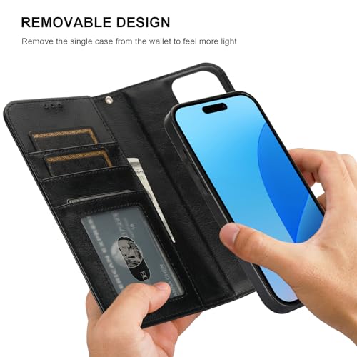 Bocasal Detachable Wallet Case Card Holder for iPhone 16 Pro Max Black | RFID Blocking Kickstand Card Slots Holder PU Leather Magnetic Shockproof Wrist Strap Removable Flip Protective Cover 6.9 inch - color: Black