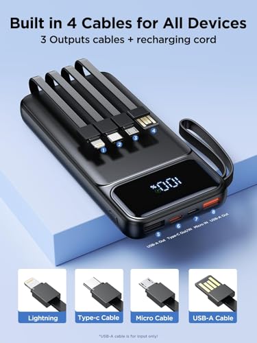 Power Bank, Portable Charger with Built in Cable Fast Charging Battery Pack - color: Black