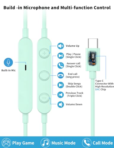 USB C Headphone for Samsung S26 S25 FE S24 A16 A17 Z Wired Earbuds Magnetic - color: Green