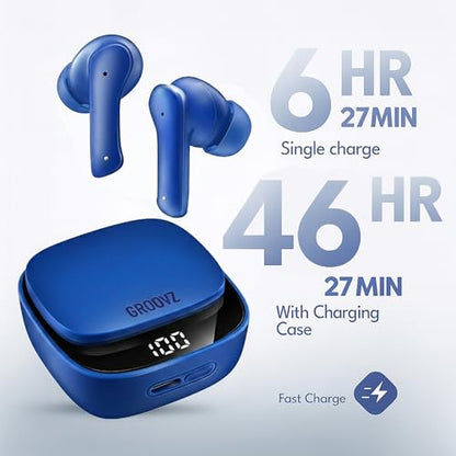 Groovz Plus True Wireless Earbuds with Wireless Charging Case -Designed in the USA -IPX4 Water Resistant Bluetooth Earbuds Compatible with Apple & Android, 46Hr Battery, Dual Microphone Classic Blue