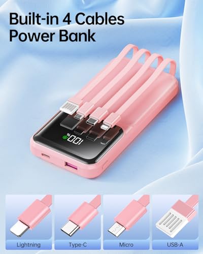 RONEGN Portable Charger with Built in Cable -20000mAh Fast Charging Power Bank USB C Slim 22.5W LED Display Battery Pack 5 Outputs & 3 Inputs for Travel Essentials iPhone Samsung Phones Pink - color: Pink