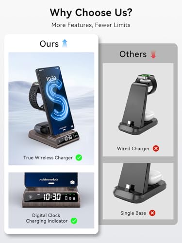 Wireless Charger for Samsung S25 with Clock 3 in 1 Android Charging Station - color: Wood Grain
