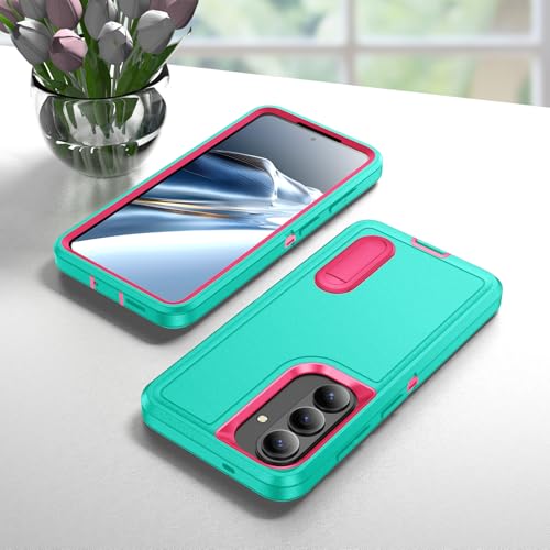for Samsung Galaxy S26 Plus Case with Kickstand Case 3-Layer Military Grade Protective Case Cover Silicone Heavy Duty Rugged Shockproof for Galaxy S26+ Plus Phone Case (Cyan+Rose Red) - color: Cyan+Rose Red
