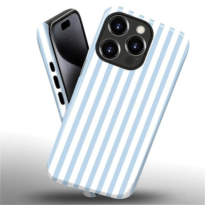 Compatible with iPhone 15 Pro Case,Glossy 2-in-1 Sleek All-Inclusive Dual-Layer Material Soft TPU + PC Back for Blue Stripes Geometric Pastel Summer Beach - color: Blue Stripes Geometric Pastel Summer Beach-Glossy, size: iPhone 15 Pro