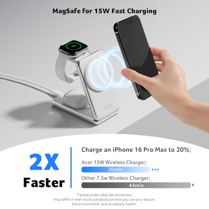 Acer 3 in 1 Charging Station for iPhone, Wireless Charger Stand,15W Fast MagSafe Charger for iPhone 17 16 15 14 13 12 Series-Apple Watch 11 10 9 8 7 6 5 4 3 2 SE and Ultra Series-Airpods 4 3 2 Pro - color: SL-S3-White