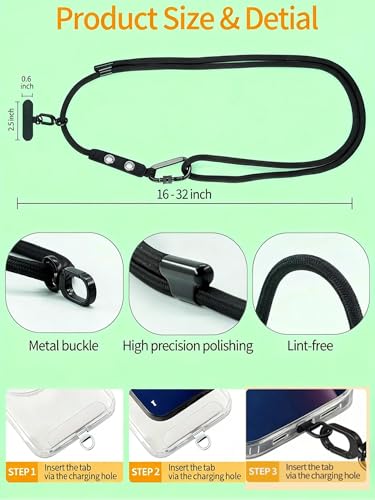 Phone Lanyard Phone Strap Crossbody with Hanging Loops 2 Tabs Adjustable Anti Theft for iPhone 17 Pro Max 16 All Phones Skin-Friendly Universal Cell Phone Neck Lanyard for Daily Outdoor Black - color: Black
