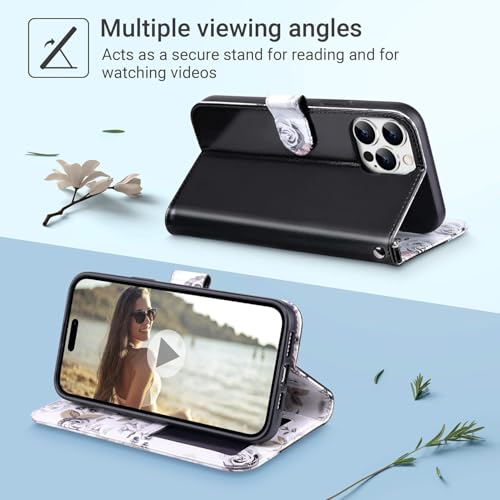ULAK Compatible with iPhone 16 Pro Max Wallet Case Card Holder Black Flower | with Card Holder, [RFID Blocking] PU Leather Case Kickstand Card Slots Wrist Strap, Durable Shockproof Cover 6.9 Inch - color: Black, size: iPhone 16 Pro Max - 6.9 inch