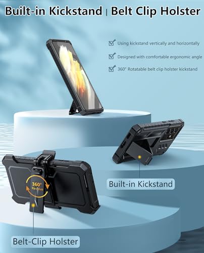 FNTCASE for Samsung Galaxy S21 Ultra Case with Belt Clip and Kickstand | Built-in Screen Protector, Military-Grade Drop Protection, Rugged Heavy Duty Shockproof Holster Protective Cover - color: Black
