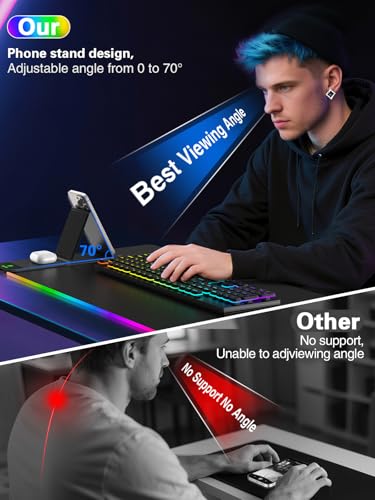 Mouse Pad with Foldable Phone Holder & Wireless Charger, XXL RGB Gaming Mousepad 31.5"x15.8" Large Desk Mat for Keyboard, Black Desk Pad with Dual Qi Charging Station | 11 Colors 5 Modes | Waterproof - color: 31.5x15.75"Phone Stand-Black Right w/PD Upgrad