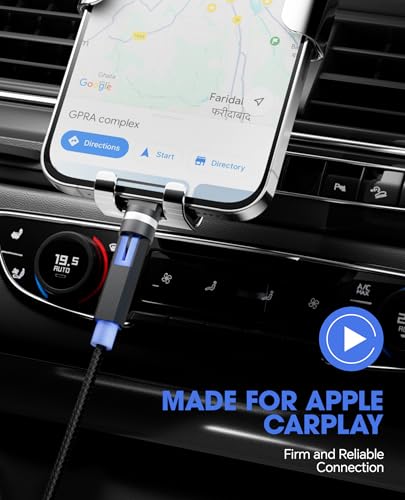 90 Degree iPhone Charger Swivel Cable with 360° Rotating Head - 6.6FT Right Angle Lightning Cable 360° Swivel Charger with MFi, 2.4A Fast Charging, Data Sync, Apple Carplay for iPhone14 13 12 11 X 8