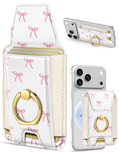 Shorogyt Compatible with Magsafe Wallet with Ring Grip Magnetic Card Holder - Cute Phone Wallets with Stand for iPhone 17/16/15/14/13/12 Series for Women Girls Bow Design, Fit 7 Cards - color: Bow