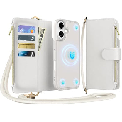 for iPhone 16 2-in-1 Magnetic Crossbody Wallet Case + Wrist Strap | Wireless Charging After Wallet Removal, Detachable Crossbody/Wrist Straps, Landscape Stand, Card Holder and Zipper Pocket - color: Cream apricot, size: iPhone 16