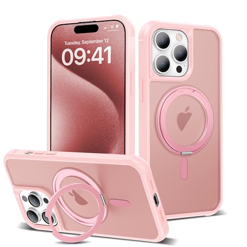 Designed for iPhone 15 Pro Max Case with 360° Rotatable Magnetic Ring Stand [Compatible Mag-Safe] [Military Grade Protection] Translucent Matte Phone Cases for Women Men 6.7'', Pink - color: Pink, size: Iphone 15 PRO MAX