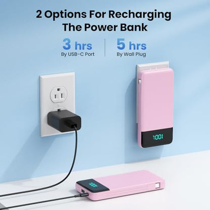 Portable Charger for iPhone,13800mAh Slim Power Bank with Built-in Cables & AC Wall Plug,All in One 4 Outputs USB C Fast Charging Battery Pack for iPhone 18/17/16/15,Android,Travel Essential (Pink) - color: Pink