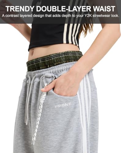 Women's Baggy Barrel Sweatpants, Double Waist Striped Wide Leg Pants - color: Grey, size: Small