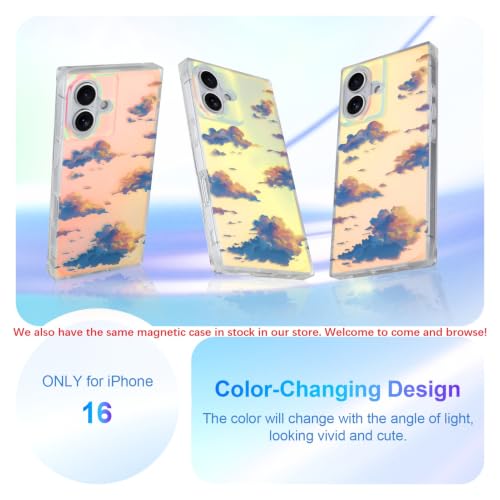 Cute Rectangle Case for iPhone 16 Case, Iridescent Clouds | Twilight Sun Set Sky Pattern Design, Aesthetic Girly Matte Glitter Protective Phone Cover for Women Girls - size: iPhone 16