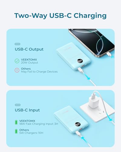 VEEKTOMX 10000mAh Mini Power Bank, 22.5W Fast Charger for iPhone Android - color: Blue