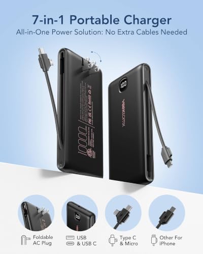 VEEKTOMX Portable Charger with Built-in Cables and AC Wall Plug, 10000mAh