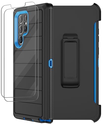 for Samsung Galaxy S22 Ultra Case with Belt Clip Holster, 2x Screen Protector, Military Grade Protection Heavy Duty Full Body Shockproof Rugged Protective Cover for Samsung S22 Ultra 5G (Black Blue B) - color: Black Blue B