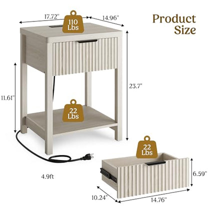 Night Stand Set 2, Fluted Wood Nightstands w/Charging Station for Bedroom - color: Grey White, size: 1 Drawer-Set of 2 Nightstand
