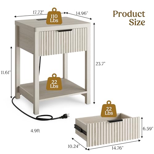 Night Stand Set 2, Fluted Wood Nightstands w/Charging Station for Bedroom - color: Grey White, size: 1 Drawer-Set of 2 Nightstand